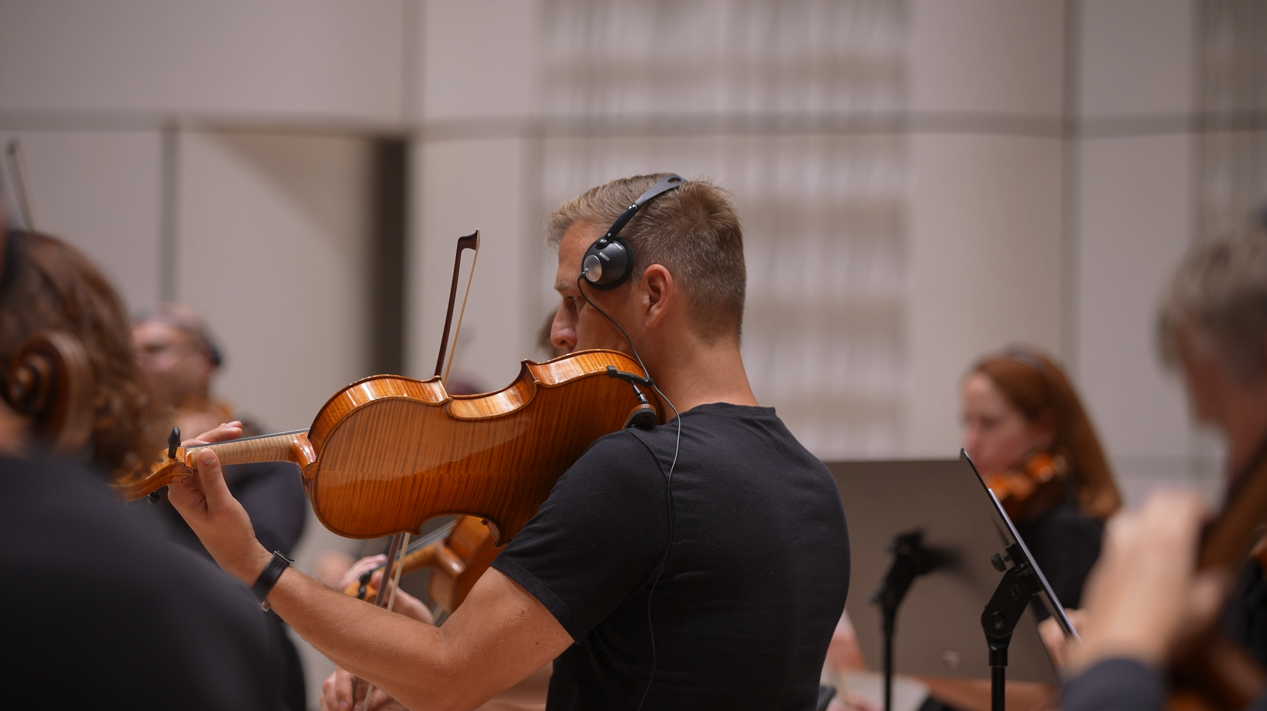 Close-up of violinist during recording